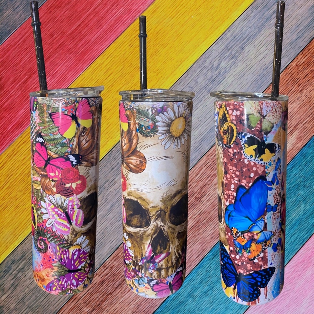 Skull & Flowers Tumbler with Lid and Plastic Straw 20 oz., Stainless …